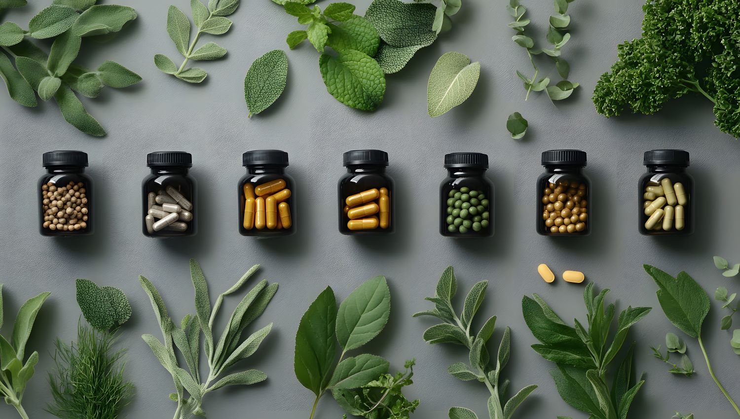 pills-made-herbs-flowers-amber-glass-bottles